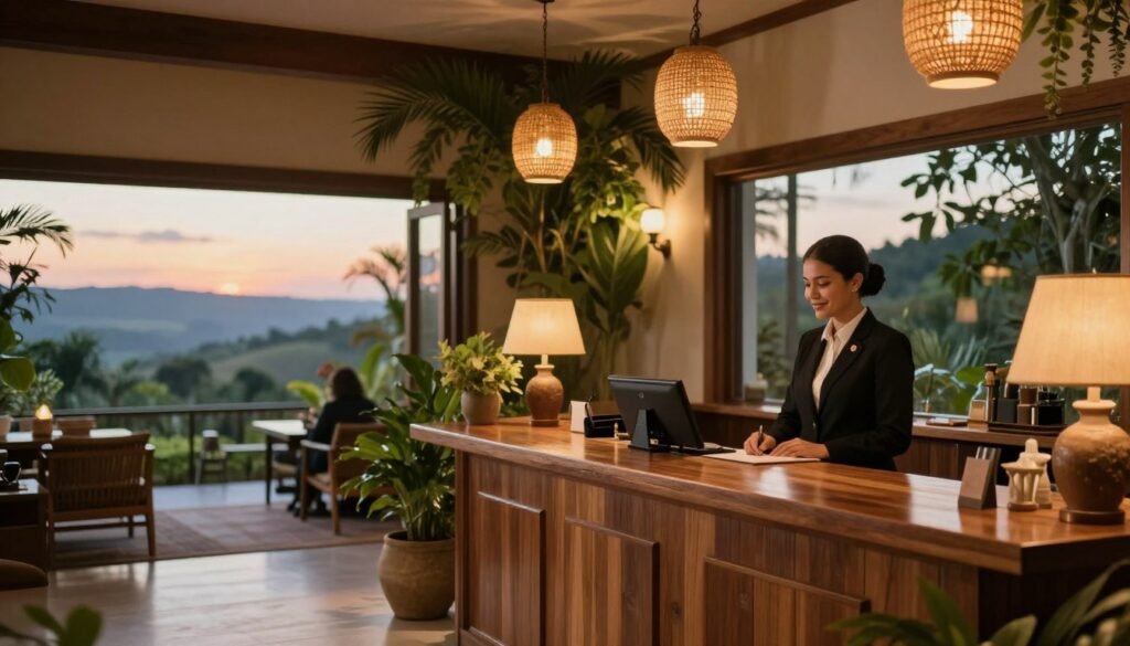 A serene and inviting hotel reception area inspired by the enchanting Hotel del Luna in Brazil. In the foreground, an elegantly dressed receptionist stands behind a polished wooden desk, welcoming guests with a warm smile. The middle ground features lush, decorative potted plants and intricate lighting fixtures that cast soft, ambient light, creating a cozy atmosphere. In the background, large windows showcase a picturesque view of the surrounding landscape, with soft hues of sunset filtering in. The scene is captured with a soft focus, reminiscent of a wide-angle lens, conveying an inviting and luxurious mood. The overall composition gives a sense of warmth and hospitality, inviting potential guests to explore further. A serene and inviting hotel reception area inspired by the enchanting Hotel del Luna in Brazil. In the foreground, an elegantly dressed receptionist stands behind a polished wooden desk, welcoming guests with a warm smile. The middle ground features lush, decorative potted plants and intricate lighting fixtures that cast soft, ambient light, creating a cozy atmosphere. In the background, large windows showcase a picturesque view of the surrounding landscape, with soft hues of sunset filtering in. The scene is captured with a soft focus, reminiscent of a wide-angle lens, conveying an inviting and luxurious mood. The overall composition gives a sense of warmth and hospitality, inviting potential guests to explore further.
