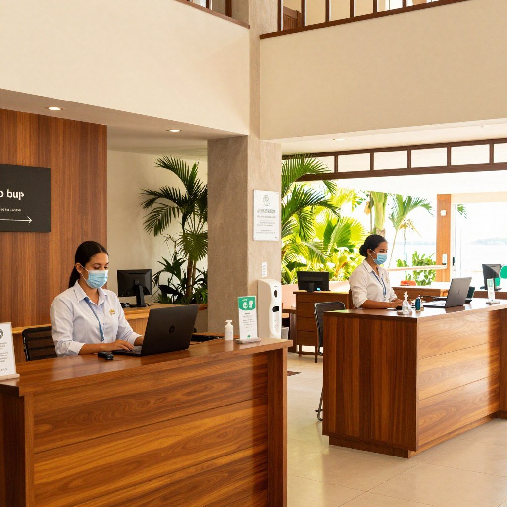 A serene hotel lobby at Hotel Porto Mar in Porto Seguro, showcasing a strong emphasis on safety and hygiene. In the foreground, polished wooden reception desks are manned by friendly staff dressed in professional attire, wearing masks. The middle ground features hand sanitizing stations, neatly arranged signage about hygiene protocols, and a welcoming atmosphere created by warm, natural lighting. The background includes tropical plants providing a refreshing ambiance, with large windows allowing sunlight to flood the space. The overall mood is calm and professional, reflecting a commitment to guest safety and comfort. The angle captures a wide view of the lobby, highlighting the inviting decor combined with attention to health standards, ensuring a clean and safe environment for all visitors.