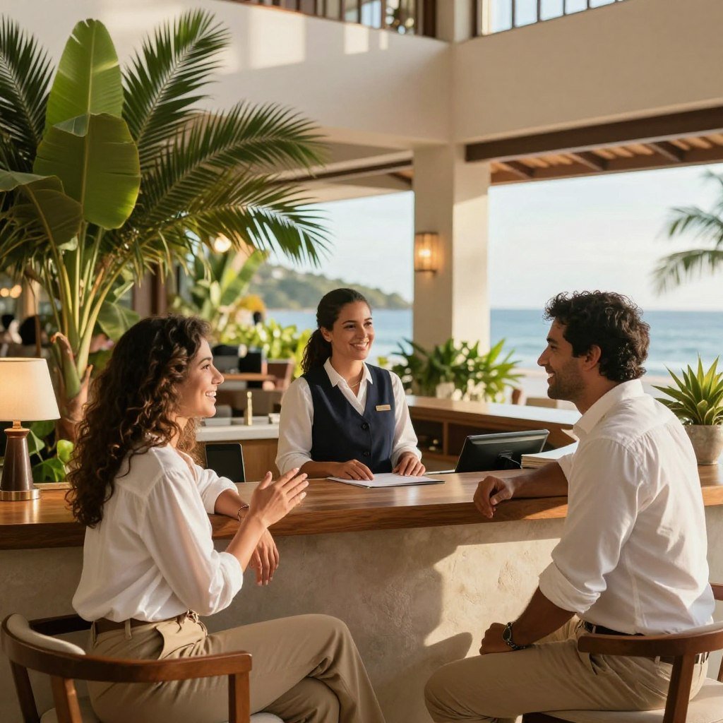 A serene hotel lobby of Hotel Porto Mar in Porto Seguro, capturing the essence of guest evaluations. In the foreground, a well-dressed couple discusses their stay, smiling and gesturing with joy, dressed in smart casual clothing. In the middle, a reception desk with a friendly staff member engaging with guests, showcasing warm hospitality. Lush tropical plants adorn the space, adding vibrant green to the scene. In the background, large windows reveal glimpses of the ocean, illuminated by soft, warm sunlight, creating an inviting atmosphere. The overall mood is positive and relaxing, emphasizing comfort and satisfaction. The image should be captured at eye-level to create an engaging, inviting perspective, with a focus on bright, natural lighting to enhance the inviting ambiance.