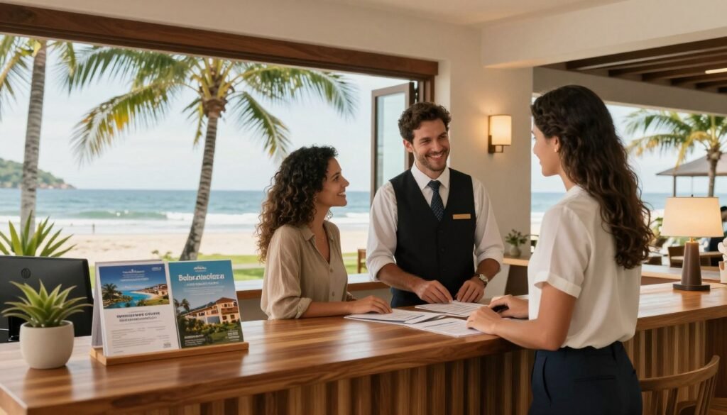 A serene hotel reception area in Canasvieiras, Florianópolis, showcasing contemporary decor with warm, inviting lighting. In the foreground, a friendly concierge, dressed in professional attire, smiles while assisting a couple eagerly discussing vacation packages. The middle ground features a stylish wooden reception desk adorned with brochures showcasing enticing promotional offers and beautiful images of local attractions. In the background, large windows reveal a picturesque view of palm trees swaying in the gentle ocean breeze, with the beach glistening under the sun. Soft, natural light fills the space, creating a welcoming atmosphere. The overall mood reflects relaxation and the allure of a perfect vacation getaway. Emphasize a sense of hospitality and comfort in this idyllic setting.
