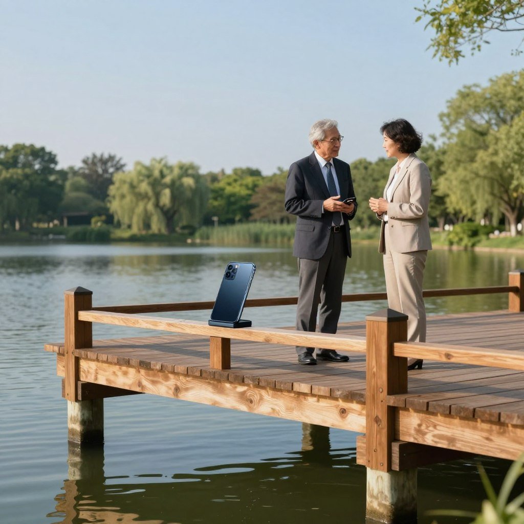 A serene outdoor setting featuring a sturdy, well-constructed dock by a calm lake. In the foreground, the pier is made from high-quality wood, showcasing its robust design. On the pier, a couple of adults in professional business attire thoughtfully discuss the benefits of cell phone safety, their expressions reflecting a sense of calm and assurance. The middle ground features a smartphone securely placed on a protective dock stand, highlighted to emphasize its secure design. In the background, lush greenery and a clear blue sky set a tranquil and refreshing atmosphere. Soft, natural sunlight casts gentle shadows, creating a warm and inviting mood, with a focus on safety and health. The camera angle is slightly elevated, capturing the entire scene cohesively.
