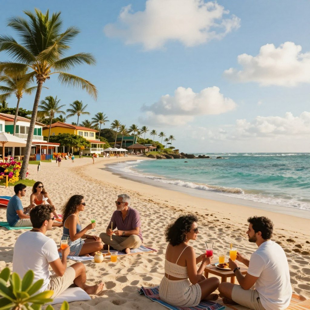 A serene scene at Porto Seguro Praia Resort, showcasing a beautiful beachfront with soft white sand and turquoise waters. In the foreground, a group of relaxed guests of diverse backgrounds, dressed in smart casual attire, are enjoying refreshing drinks and engaging in friendly conversation. The middle ground features the resort's vibrant architecture with lush palm trees and colorful flowers, inviting a feeling of tranquility. In the background, gentle waves lap against the shore under a bright blue sky with soft, fluffy clouds. The sunlight casts a warm, inviting glow over the entire scene, enhancing the feeling of relaxation and happiness. This idyllic setting captures the essence of customer experiences at the resort, creating an inviting atmosphere perfect for illustrating client opinions.