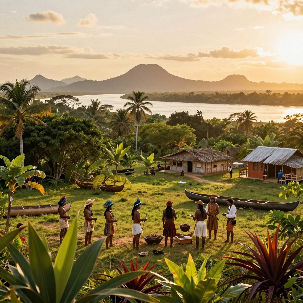 A serene scene depicting the historical colonization of Northern Brazil, showcasing a lush, tropical landscape in the foreground with vibrant green foliage and exotic plants. In the middle ground, a small group of indigenous people engages in traditional activities, dressed in modest clothing that reflects their heritage. Nearby, European explorers, wearing period-appropriate attire, interact with the locals in a spirit of exchange, surrounded by canoes and early settlements. The background features the silhouette of distant mountains and the Amazon River, bathed in golden sunlight during the late afternoon, creating a warm, inviting atmosphere. Soft, diffused lighting enhances the sense of historical depth, with a wide-angle view that captures the beauty and complexity of the region's colonization.