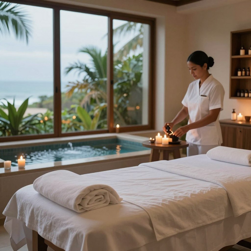 A serene spa treatment scene at Porto Seguro Praia Resort, focusing on a beautifully arranged massage table in the foreground, adorned with soft white linens and surrounded by aromatic candles glowing gently. In the middle ground, a peaceful indoor water feature with flowing water and lush green plants creates an atmosphere of tranquility. The background reveals large windows with soft, diffused natural light streaming in, illuminating the space. A soothing palette of soft blues and earthy tones enhances the calming mood. An employee in professional attire, such as a crisp, clean uniform, prepares essential oils on a wooden shelf nearby, emphasizing a commitment to wellness and relaxation. The overall atmosphere is inviting, peaceful, and rejuvenating, ideal for showcasing spa options. A serene spa treatment scene at Porto Seguro Praia Resort, focusing on a beautifully arranged massage table in the foreground, adorned with soft white linens and surrounded by aromatic candles glowing gently. In the middle ground, a peaceful indoor water feature with flowing water and lush green plants creates an atmosphere of tranquility. The background reveals large windows with soft, diffused natural light streaming in, illuminating the space. A soothing palette of soft blues and earthy tones enhances the calming mood. An employee in professional attire, such as a crisp, clean uniform, prepares essential oils on a wooden shelf nearby, emphasizing a commitment to wellness and relaxation. The overall atmosphere is inviting, peaceful, and rejuvenating, ideal for showcasing spa options.