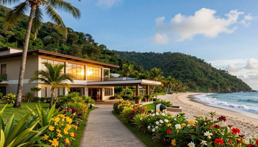 A serene view of Hotel Costa Verde Tabatinga, nestled amidst lush green landscapes and tropical flora. In the foreground, a path lined with vibrant flowers leads to the hotel entrance, where a warm welcome awaits. In the middle ground, the elegantly designed hotel features modern architecture with large glass windows reflecting the sun's golden rays. The background showcases a pristine beach with gentle waves lapping at the shore under a bright blue sky. Soft, natural lighting enhances the tranquil atmosphere, evoking a sense of relaxation and escape. The image captures the essence of a paradise, inviting viewers to imagine their future stay and reservation at this idyllic destination.