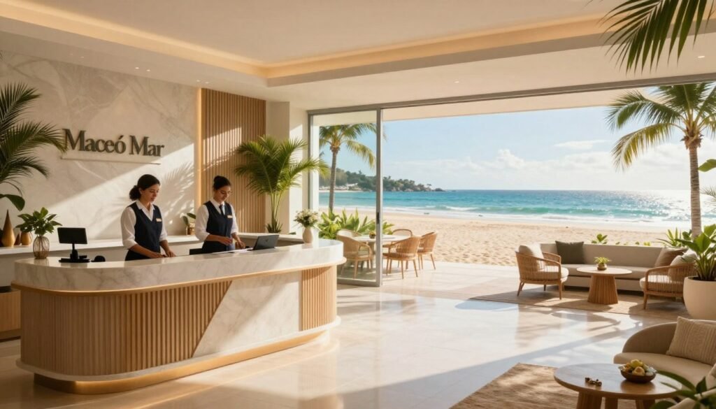 A serene view of the Maceió Mar Hotel, showcasing its elegant beachfront location. In the foreground, imagine a beautifully designed reception area with a sleek modern desk and welcoming staff in professional attire, ready to assist guests. The middle ground features the hotel’s inviting lobby, adorned with tropical plants and stylish decor, accentuating a relaxing atmosphere. In the background, large glass windows offer a panoramic view of the azure sea and sandy beach under a bright, sunny sky, creating a warm, inviting ambiance. Soft natural lighting fills the scene, enhancing the colors and creating a welcoming vibe. Capture the essence of a peaceful seaside getaway, emphasizing comfort and professionalism.