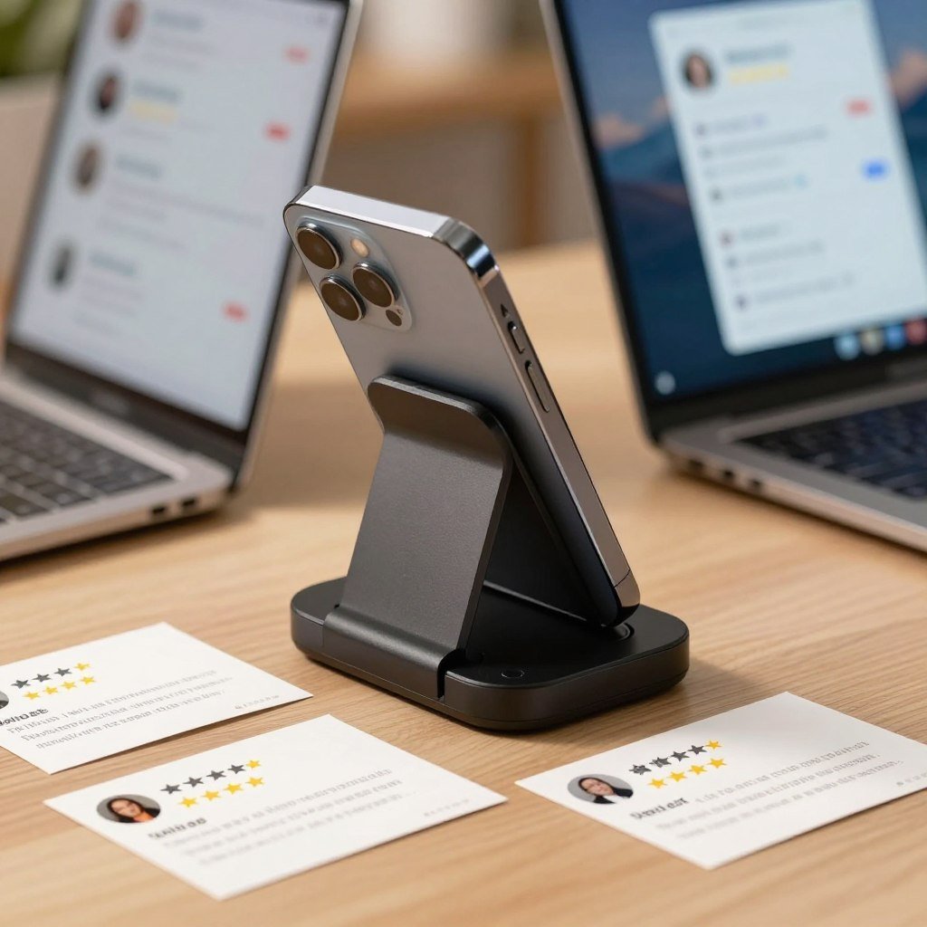 A sleek, modern smartphone docked securely in a high-quality, ergonomic phone dock with a matte finish. In the foreground, a few written reviews and user feedback on small cards, showcasing various star ratings and brief comments about user experiences. In the middle ground, a blurred laptop screen showing user ratings, enhancing the tech-savvy atmosphere. In the background, soft, ambient lighting creates a cozy workspace vibe, with subtle hints of a bustling office environment. The scene should feature a warm, inviting color palette to evoke a sense of reliability and trustworthiness. The angle should be slightly overhead, focusing on the details of the dock and user feedback while capturing the essence of safe, everyday usage.