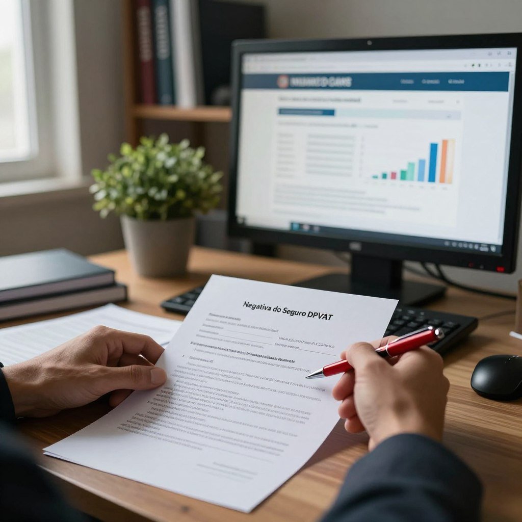 A somber office setting with a professional atmosphere, focusing on a desk cluttered with paperwork related to insurance claims. In the foreground, a pair of hands, one holding a red pen, poised over a denial letter labeled "Negativa do Seguro DPVAT," symbolizing rejection. The middle ground features a computer screen displaying an official-looking email regarding the claim's denial, with graphs and data charts subtly visible. The background shows shelves lined with insurance books and a potted plant, adding a touch of life. Soft, natural light filters in through a nearby window, casting gentle shadows, creating an atmosphere of contemplation and concern. The overall mood conveys seriousness and reflection on the challenges of insurance claims.