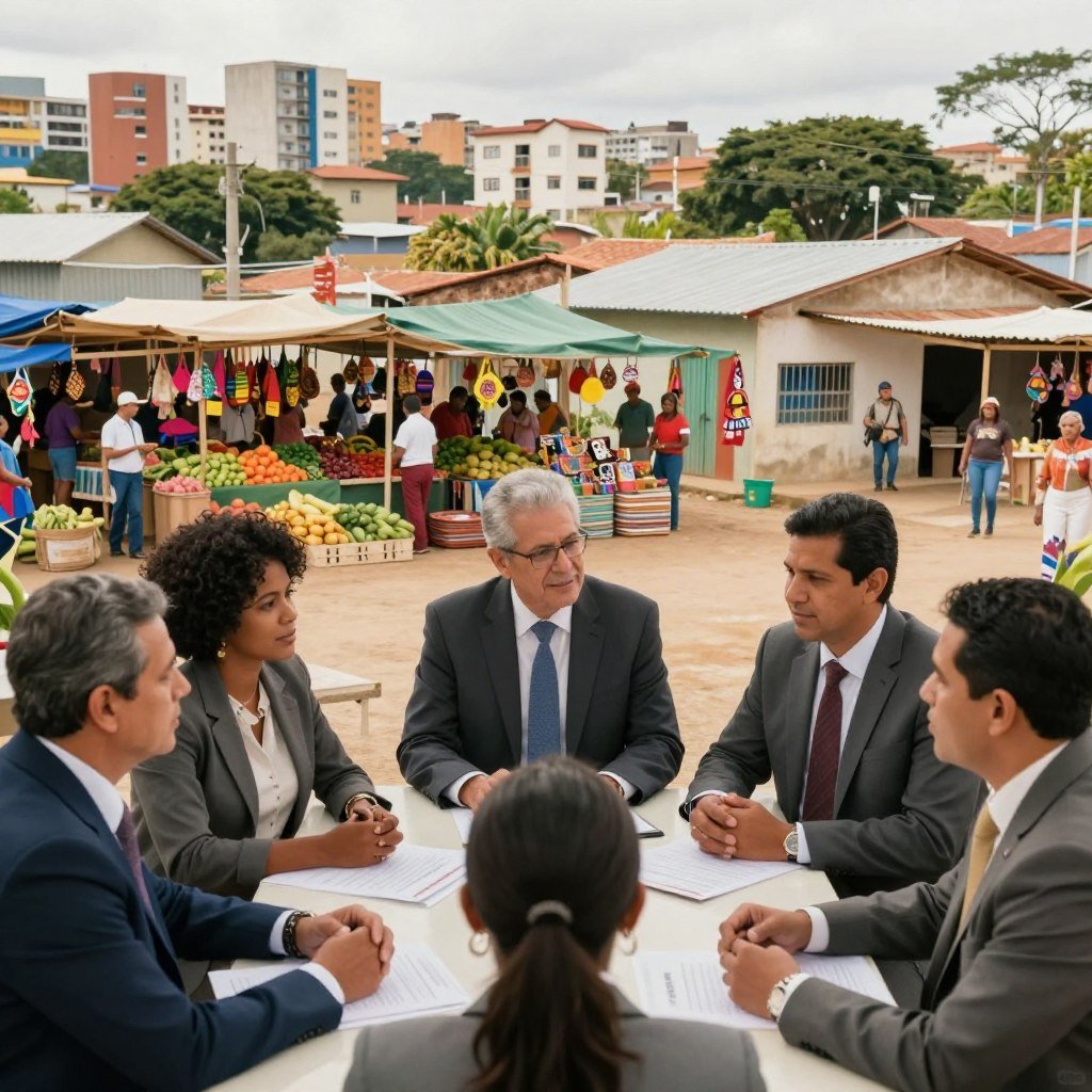 A thought-provoking composition that illustrates social and economic challenges in Northern Brazil. In the foreground, a diverse group of individuals in professional business attire engaged in a discussion around a table strewn with documents, highlighting collaboration and dialogue. The middle layer features a community market scene displaying vibrant local produce and crafts, emphasizing economic activity amidst challenges. In the background, a contrasting landscape of urban and rural environments, with a blend of modern buildings and traditional homes, indicating the socio-economic divide. Soft, warm lighting filters through, creating an atmosphere of optimism and resilience. Use a wide-angle lens to capture the depth of the scene, focusing on the expressions of determination and hope on the people's faces. The overall mood is one of solidarity and the pursuit of solutions.