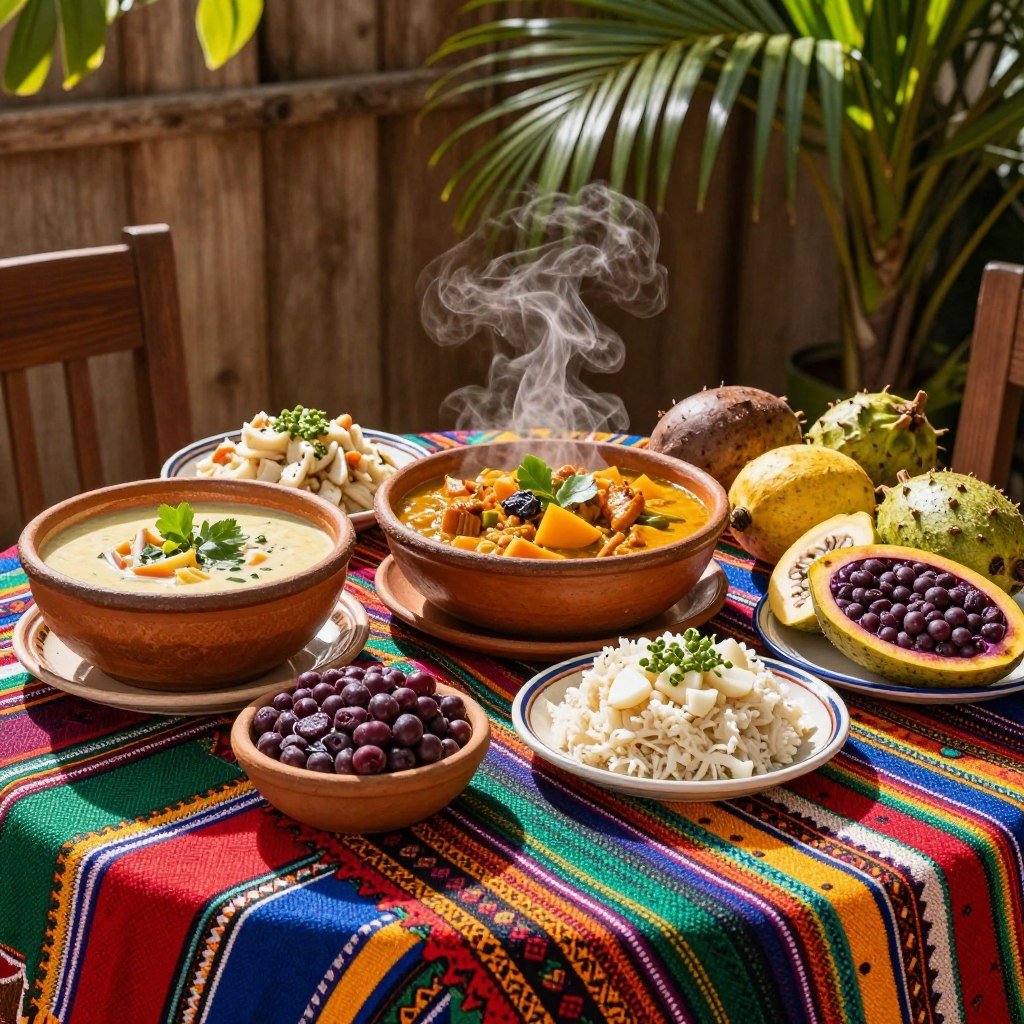 A vibrant and colorful spread of traditional Northern Brazilian cuisine, featuring dishes like tacacá in a rustic bowl, a steaming plate of moqueca, and fresh Amazonian fruits like açaí and cupuaçu. In the foreground, a beautifully arranged table adorned with vibrant textiles typical of the region, showcasing intricate patterns. The middle ground captures a rustic wooden backdrop with tropical plants like palm leaves, enhancing the atmosphere. Natural sunlight gently illuminates the scene, creating warm highlights and soft shadows. The angle is slightly above the table, offering a bird’s-eye view that showcases the rich textures and colors of the food. The mood is inviting and festive, embodying the essence of the diverse and rich gastronomy of the North of Brazil.