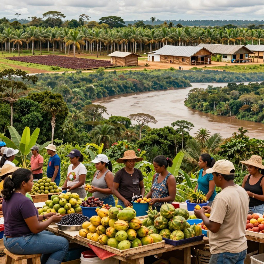 A vibrant and detailed representation of the economy in Northern Brazil. In the foreground, display a bustling local market with vendors selling tropical fruits like acai and guarana, and people engaging in trade, all dressed in modest casual clothing. In the middle ground, incorporate a scenic view of the Amazon rainforest, with rich, green foliage and the mighty river winding through, symbolizing natural resources. In the background, blend in an industrial area with sustainable palm oil production and eco-friendly log cabins. Use warm, natural lighting to evoke a sense of growth and opportunity, capturing the dynamic spirit of the region. The scene should have a positive, hopeful atmosphere, showcasing both tradition and modernity, with a panoramic view that invites exploration.