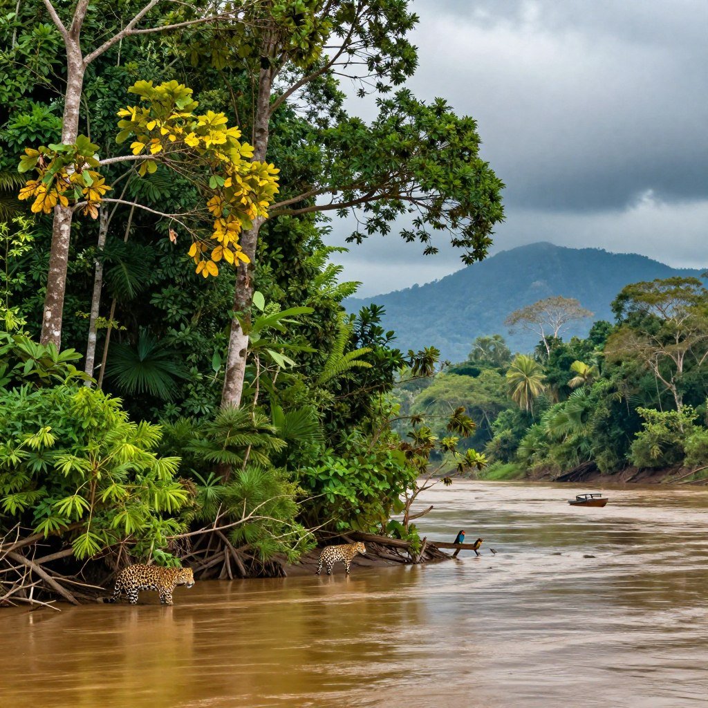 A vibrant and dynamic scene depicting the impacts of climate change on the Amazon rainforest. In the foreground, a diverse group of lush green trees with some showing signs of stress—yellowing leaves and wilting branches. A striking contrast with a river showing signs of pollution and rising water levels, reflecting the challenges faced by the ecosystem. In the middle ground, a few animals, such as a jaguar and colorful birds, appear uneasy, emphasizing the disruption of wildlife. The background reveals distant mountains shrouded in haze and a stormy sky to capture the ominous mood associated with climate change. Soft, diffused lighting enhances the melancholic yet beautiful atmosphere, inviting contemplation on biodiversity and conservation. The image is framed with a slightly elevated angle to create a sense of depth.