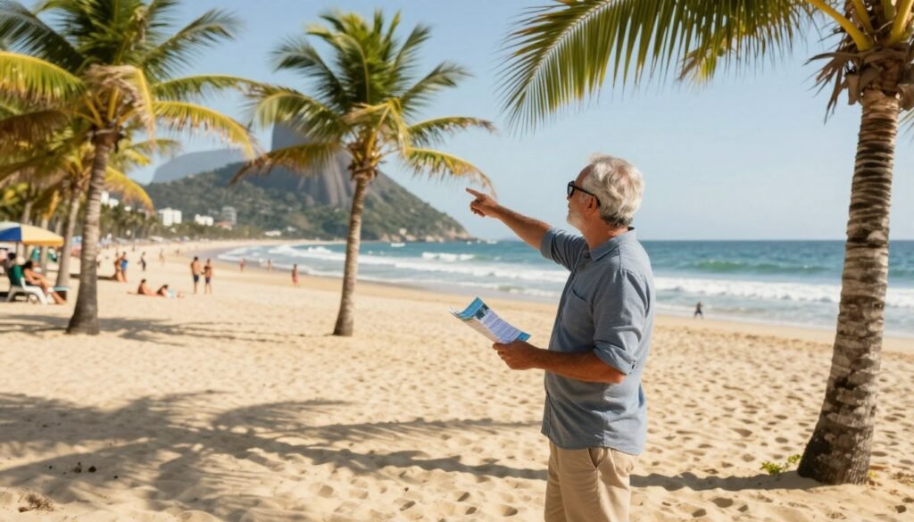 A vibrant beach scene featuring a seasoned travel guide standing at a picturesque destination, surrounded by golden sands and clear blue ocean waves. The guide is dressed in smart, casual attire, holding a travel brochure while pointing towards the horizon, suggesting adventure and exploration. In the background, lush palm trees sway gently in the breeze, and a few beachgoers can be seen enjoying their day, but all are modestly dressed. The sunlight casts a warm, inviting glow over the scene, creating a cheerful and relaxed atmosphere. The image is framed at a slight angle to emphasize the vastness of the beach and ocean, with a focus on enhancing the inviting, serene mood of a perfect vacation getaway in Brazil.
