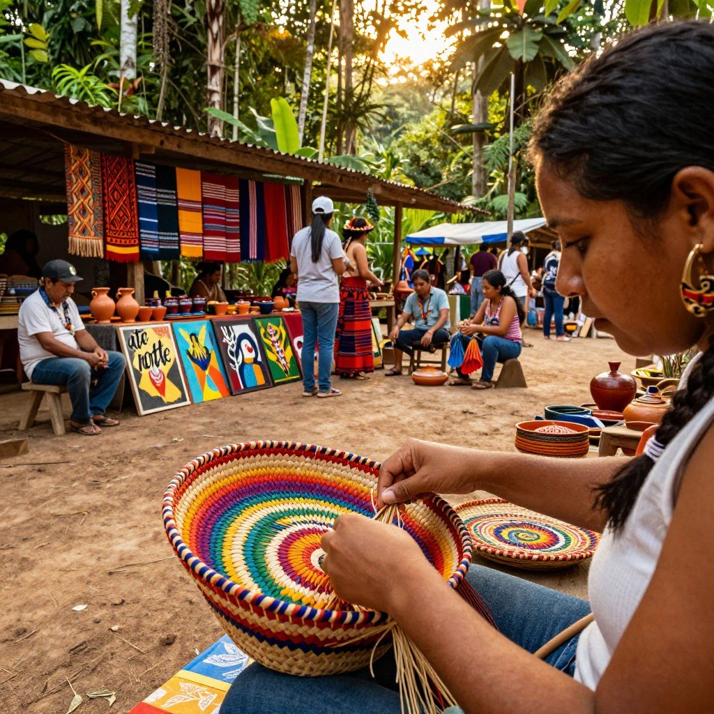 A vibrant depiction of "arte norte" showcasing the rich culture and craftsmanship of Northern Brazil. In the foreground, a skilled artisan carefully weaves a colorful basket from local materials, displaying intricate patterns and vivid colors. The middle ground includes a lively market scene filled with handcrafted pottery, textiles, and paintings that reflect the region's heritage. Various artists, dressed in modest, casual clothing, engage with visitors, showcasing their work. The background features lush tropical foliage typical of the Amazon rainforest, bathed in warm, golden sunlight that filters through the trees, creating a serene and inviting atmosphere. The image captures the essence of creativity and community, highlighting the beauty of artisanship in this enchanting region.