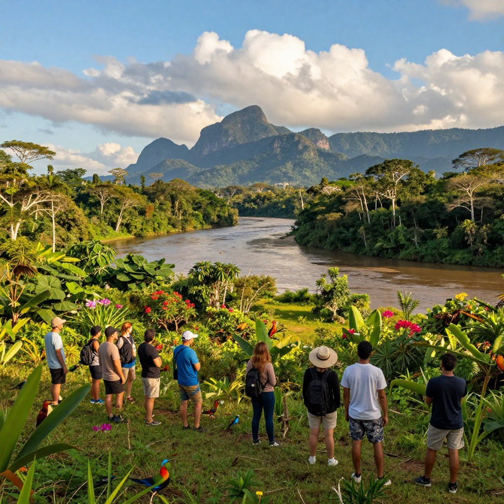 A vibrant ecotourism scene in Northern Brazil, showcasing the rich biodiversity of the Amazon rainforest. In the foreground, a small group of tourists in modest casual clothing are observing exotic birds and lush vegetation. The middle layer features a winding river surrounded by dense trees, with colorful flowers dotting the landscape. In the background, towering mountains rise under a bright blue sky with fluffy white clouds. The lighting is warm and inviting, suggesting late afternoon. The mood is serene and adventurous, encapsulating the spirit of ecotourism. A wide-angle perspective captures the vastness of the environment, highlighting the harmony between nature and exploration.