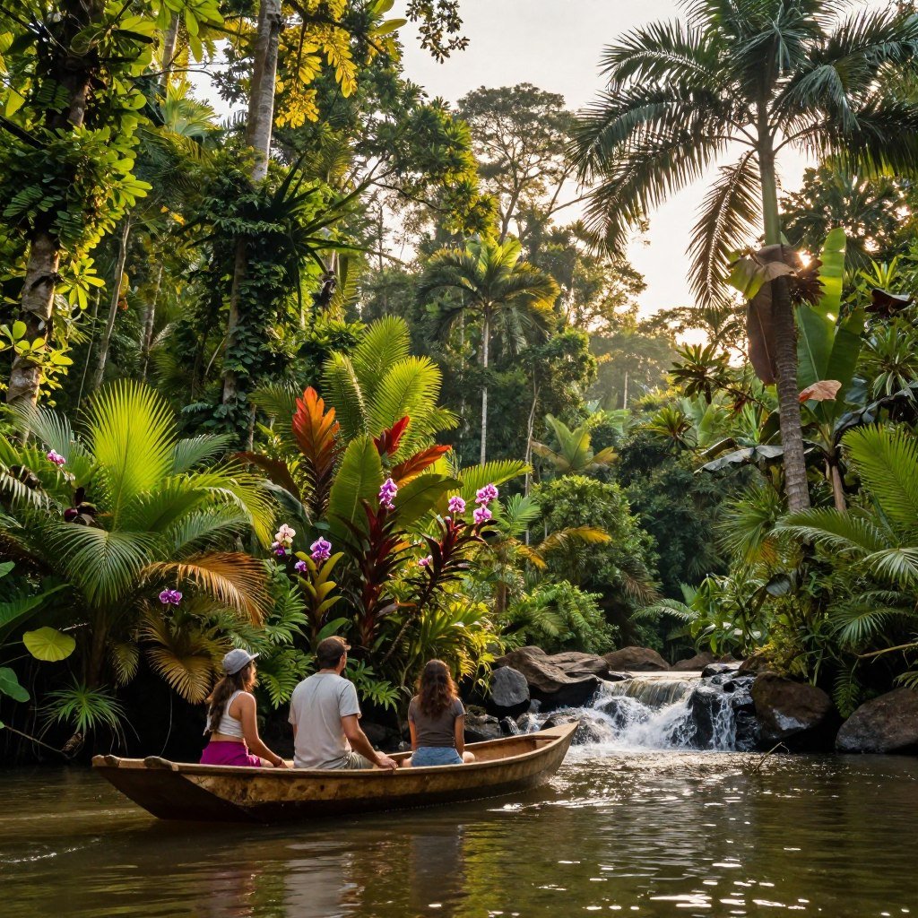A vibrant ecotourism scene in the Amazon rainforest during golden hour, showcasing lush greenery and diverse flora. In the foreground, a small wooden boat floats on a serene river surrounded by tall palm trees, with a couple of tourists dressed in modest, casual clothing exploring the area. The middle ground features a dense thicket of exotic plants, colorful orchids, and a gentle waterfall cascading down rocks. In the background, the towering canopy of ancient trees stretches into the sky, while soft sunlight filters through the leaves, creating a warm and inviting atmosphere. The image captures the spirit of adventure and nature-focused exploration, emphasizing the beauty and tranquility of Amazonian ecotourism.