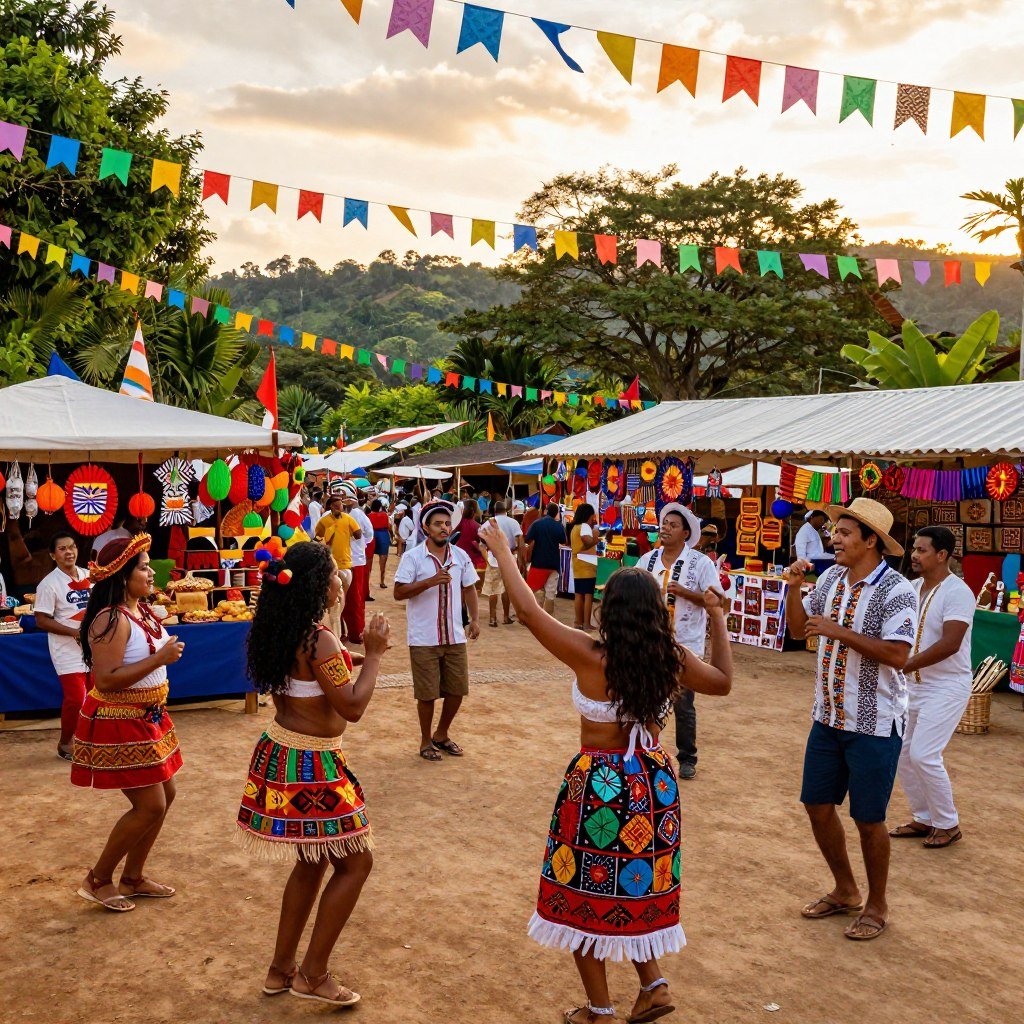 A vibrant festival scene celebrating the rich cultural traditions of Northern Brazil, filled with lively colors and joyful energy. In the foreground, people in modest, traditional attire dance to music, showcasing intricate costumes adorned with bright patterns. The middle ground features a festive market with stalls selling artisan crafts, local food, and regional decorations. Colorful banners and streamers hang above, fluttering in a warm, golden sunset light that creates a warm and inviting atmosphere. In the background, lush greenery and iconic Amazonian landscapes can be seen, providing a captivating backdrop. The scene conveys a sense of community and celebration, with a focus on the joyous spirit of local festivities.