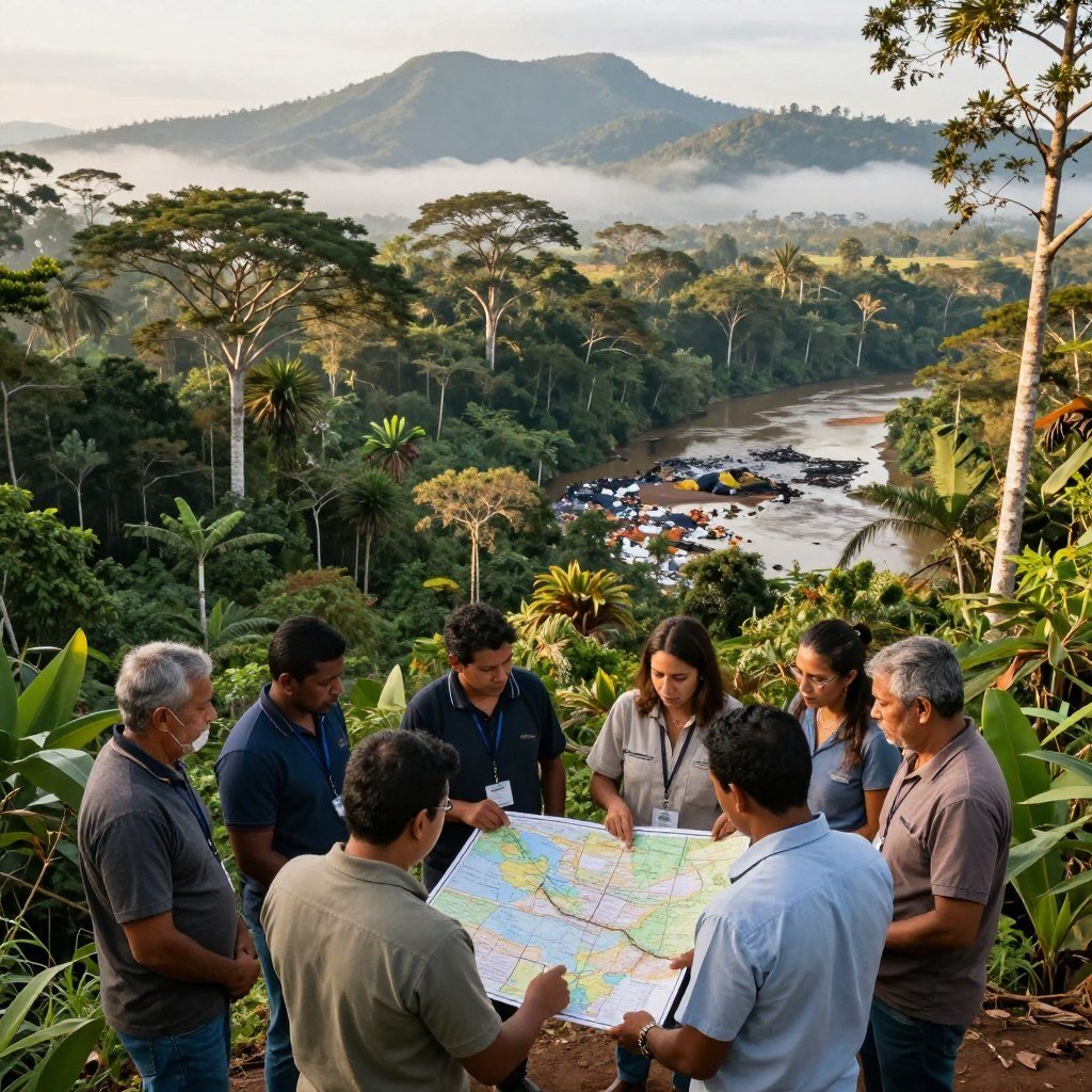 A vibrant landscape depicting the challenges of the Northern Brazil region. In the foreground, a group of diverse, professional-looking individuals in modest casual clothing collaborate around a map, discussing environmental and economic issues. In the middle ground, a lush rainforest with towering trees and exotic wildlife represents the natural beauty but also the environmental challenges faced. A glimpse of a river polluted with waste highlights the struggle against ecological degradation. In the background, distant mountains shrouded in mist create a sense of depth, symbolizing the region’s obstacles. The scene is illuminated by soft morning light, casting gentle shadows, and enhancing the mood of contemplation and urgency. The atmosphere conveys both the richness of the culture and the pressing issues of sustainable development.