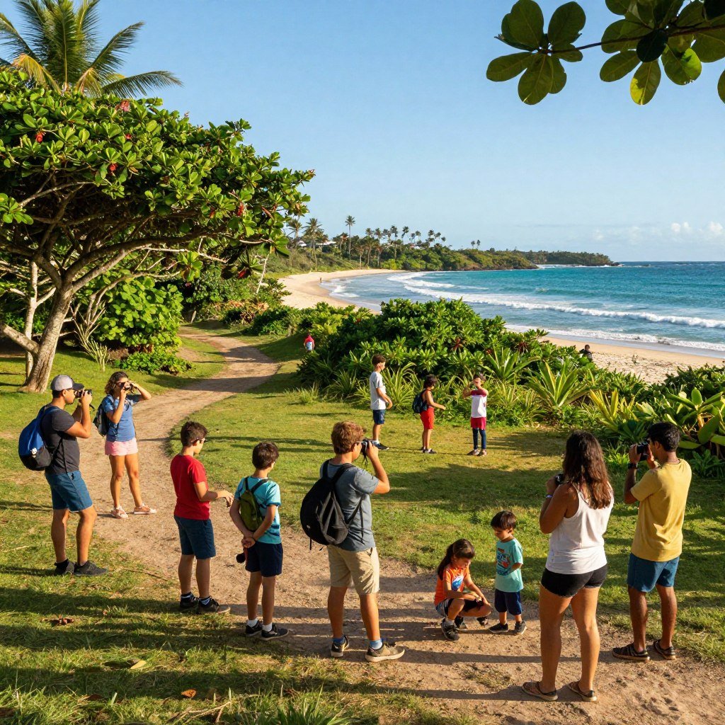 A vibrant outdoor scene at Porto Seguro depicting various nature activities. In the foreground, a group of families engaging in eco-friendly recreational activities such as hiking and birdwatching, dressed in casual yet modest clothing. The middle ground features lush greenery, tropical trees, and a winding path leading toward the beach, with children playing and exploring. In the background, the serene coastline with crystal-clear water and gentle waves under a bright blue sky. The lighting is warm and inviting, reminiscent of a sunny afternoon, creating a cheerful and energetic atmosphere. Shot at a slightly elevated angle to capture both the activities and the beautiful landscape, emphasizing the connection between people and nature.