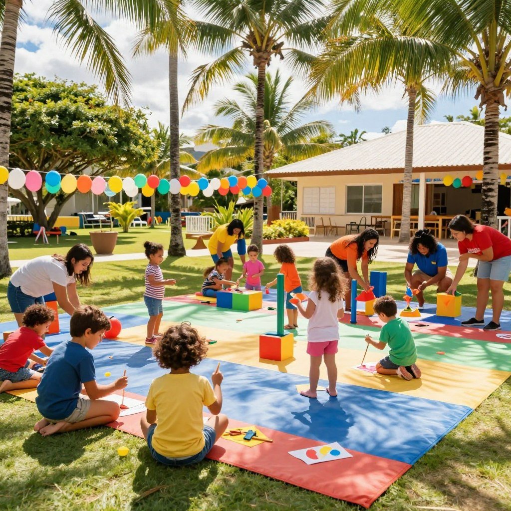 A vibrant scene depicting the children’s clubs at Porto Seguro Praia Resort, filled with joyful young children engaged in various fun activities. In the foreground, a colorful play area features children playing games, painting, and participating in crafts under the care of friendly staff in casual attire. In the middle ground, a cheerful atmosphere is created with bright decorations, such as balloons and banners, highlighting the fun theme of the club. The background showcases the lush tropical gardens of the resort, with palm trees swaying gently in the breeze. Soft sunlight filters through the leaves, casting playful shadows on the ground, enhancing the joyful, carefree mood of the scene. The composition captures a sense of adventure and imagination, inviting families to explore the entertainment options for kids.