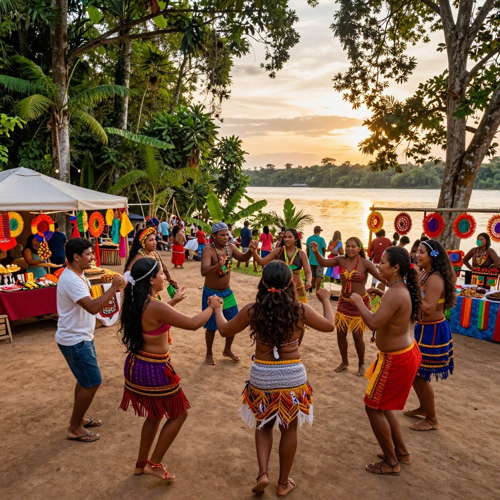A vibrant scene of cultural experiences in Northern Brazil, showcasing a lively Amazonian festival. In the foreground, a group of people in modest, colorful traditional attire engage in folk dances, their expressions full of joy and enthusiasm. The middle ground features stalls adorned with local handicrafts, exotic foods, and vibrant decorations, creating a bustling marketplace atmosphere. In the background, lush green rainforest frames the scene, with tall trees and glimpses of the Amazon River shimmering under a warm, golden sunset. The lighting is soft yet bright, highlighting the vivid colors of the attire and the surrounding nature. The atmosphere is festive and inviting, capturing the essence of unique cultural experiences.