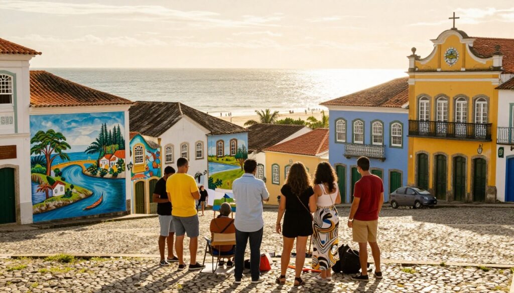 A vibrant scene showcasing cultural attractions in Canasvieiras, with a focus on the local architecture, art, and community life. In the foreground, a small group of people dressed in smart casual attire, observing a local artist painting the picturesque landscape. The middle ground features charming colonial-style buildings adorned with colorful murals and decorations, representing the rich artistic heritage of the area. In the background, the shimmering waters of the beach reflect the light of the late afternoon sun, casting a warm golden glow over the scene. Utilize a wide-angle lens to capture the bustling atmosphere and natural beauty of Canasvieiras, creating an inviting and energetic mood that encapsulates the cultural essence of this coastal destination.