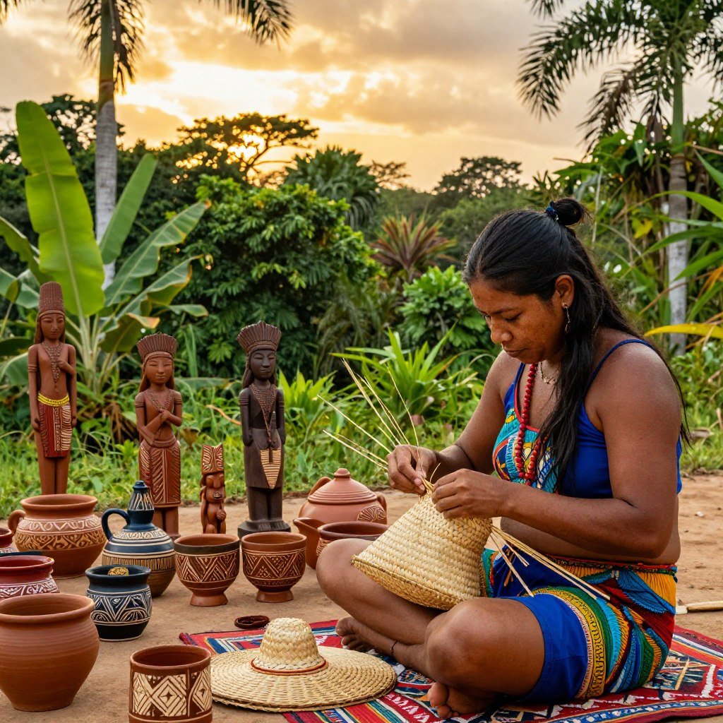 A vibrant scene showcasing traditional crafts from the North region of Brazil. In the foreground, a skilled artisan, dressed in modest, colorful clothing, meticulously weaves a straw basket. Surrounding the artisan are various handcrafted items, such as ceramic pots and wooden sculptures, displaying intricate designs inspired by local culture. In the middle ground, lush green foliage and tropical plants create a rich backdrop, alluding to the Amazon rainforest. The sky above is a warm golden hue of late afternoon sunlight, casting a soft glow over the scene. The atmosphere is one of creativity and tradition, inviting viewers to appreciate the rich cultural heritage of the North.