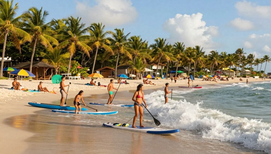 A vibrant, sun-drenched beach scene showcasing "praias e esportes aquáticos" near Hotel Sunshine Praia. In the foreground, a group of friends in casual, modest beachwear enjoy activities such as paddleboarding and kayaking, their smiles reflecting a sense of fun and adventure. In the middle ground, soft waves crash gently onto the sandy shore, with colorful beach umbrellas and towels scattered about, inviting relaxation. The background features lush green palm trees swaying lightly in the breeze, with a clear blue sky dotted with fluffy white clouds above. The scene is illuminated by warm, golden sunlight creating a cheerful and inviting atmosphere. The composition should be captured from a slightly elevated angle, offering a panoramic view of this dynamic beach setting.