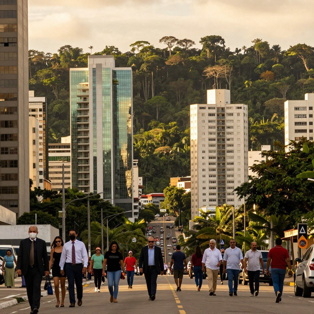 A vibrant urban landscape in Northern Brazil, showcasing the impact of urbanization. In the foreground, a busy street filled with pedestrians dressed in professional business attire and modest casual clothing, reflecting a diverse community. The middle ground features modern high-rise buildings made of glass and concrete, with greenery interspersed, symbolizing the balance between nature and urban growth. In the background, the Amazon rainforest looms, hinting at the encroaching urban sprawl. The sky is painted in a warm golden hue, suggesting early evening light, casting long shadows. The scene conveys a sense of hustle and progress, yet beneath the surface, it portrays the tension between development and environmental preservation. The perspective is slightly elevated, using a wide-angle lens to capture the expansive view of this evolving urban ecosystem.