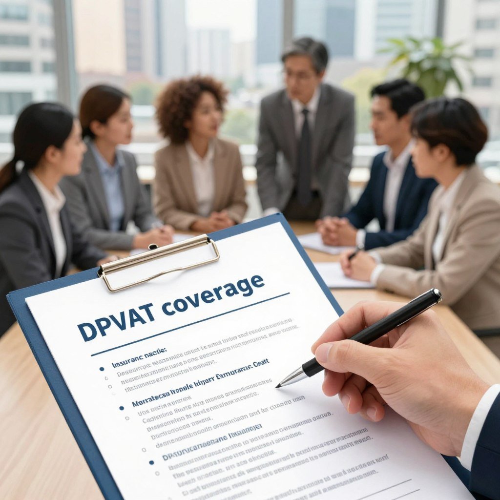 A visually appealing illustration depicting the concept of "DPVAT coverage." In the foreground, include a detailed representation of an insurance document with clear bullet points highlighting the types of DPVAT coverage, such as personal injury and death benefits. In the middle ground, show a diverse group of people—dressed in professional business attire—engaged in a conversation while reviewing the document, reflecting a sense of collaboration and understanding. The background should feature a soft-focus image of a cityscape, symbolizing everyday life and transportation. Use warm, natural lighting to create a welcoming atmosphere, and employ a slightly elevated angle to provide a comprehensive view of the scene, ensuring the overall mood is informative and engaging.