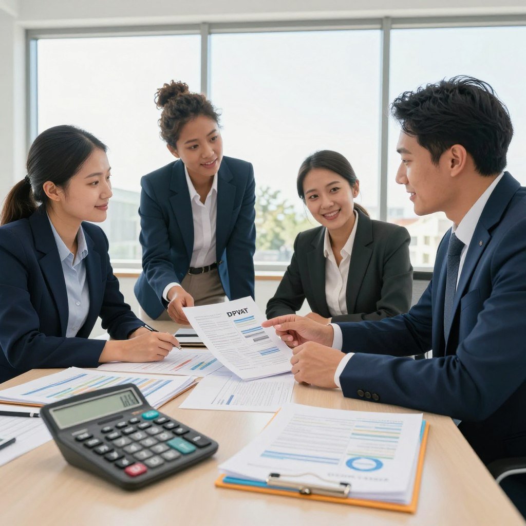 A visually compelling workspace illustrating the concept of DPVAT. In the foreground, a professional-looking calculator and a stack of colorful financial documents are arranged neatly. In the middle, a friendly, diverse group of four professionals dressed in business attire, including men and women of different ethnicities, are engaged in a discussion around a conference table, with one pointing at a document that outlines compensation details. In the background, a large window reveals a bright, sunny day outside, symbolizing hope and clarity. Natural light streams in, creating an inviting atmosphere. The overall mood reflects professionalism and cooperation, perfect for educating about insurance mechanisms. The image should be well-composed, focusing on the interactions among the people and the materials they are discussing.