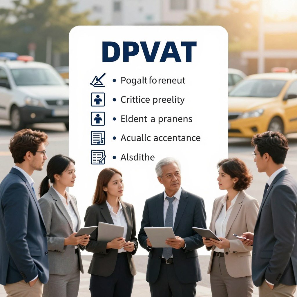 A visually engaging and informative illustration depicting the criteria for receiving the DPVAT insurance. In the foreground, show a diverse group of professional adults dressed in business attire, standing together, discussing amongst themselves, reflecting collaboration and determination. In the middle ground, include a large checklist that symbolizes the requirements for DPVAT eligibility, with clear icons representing each criterion, such as an accident scene, medical care, and legal documents. In the background, softly blurred images of various types of vehicles, emphasizing the insurance's connection to traffic accidents. The lighting should be bright and focused, creating a positive and hopeful atmosphere, with a slight vignette effect to draw attention to the group and the checklist.