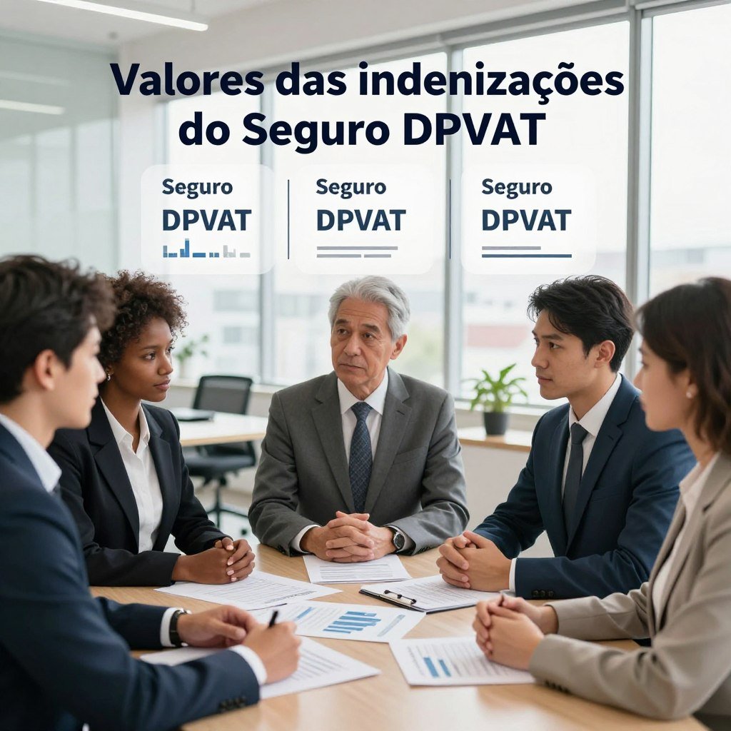 A visually engaging depiction of "Valores das indenizações do Seguro DPVAT", showcasing a professional setting. In the foreground, a diverse group of three individuals in business attire—two men and one woman, engaged in a serious discussion around a table covered with papers and financial documents. The middle layer features various infographics displaying the amounts of indemnities associated with the Seguro DPVAT, presented in an organized and visually appealing manner. The background reveals a modern office environment, with large windows allowing natural light to fill the space, creating a bright, optimistic atmosphere. Use soft, warm lighting to enhance the professional mood, while capturing the scene from a slightly elevated angle to provide a comprehensive view of both the subjects and the important data they are analyzing.