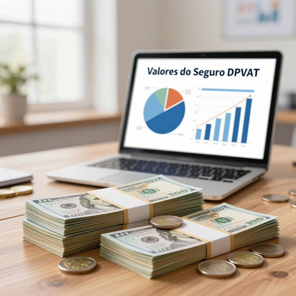 A visually engaging infographic style illustration depicting the concept of "Valores do Seguro DPVAT". In the foreground, show a clear, detailed representation of stacks of currency or coins symbolizing compensation and monetary values, laid out on a wooden desk. In the middle ground, depict a computer or tablet displaying a graphical representation of insurance statistics, such as pie charts or bar graphs related to DPVAT values. In the background, softly blurred, include a serene office environment with natural light streaming in through a window, enhancing the professional atmosphere. Use warm tones to create a sense of reliability and trust. The overall mood should be informative and reassuring, perfect for visualizing important insurance details without any text or overlays.