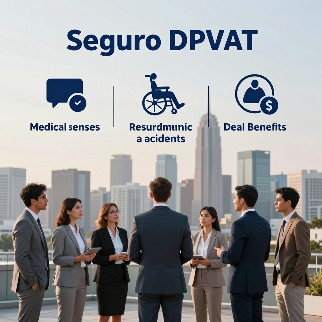 A visually informative illustration representing the types of coverage offered by Seguro DPVAT. In the foreground, display a diverse group of people in professional business attire, confidently discussing various aspects of insurance. In the middle ground, highlight distinct symbols or icons that depict the three main coverage types: medical expenses, disability resulting from accidents, and death benefits. The background should feature a modern city skyline to evoke a sense of security and urban life. The scene is bathed in soft, natural lighting, simulating a late afternoon atmosphere, with an emphasis on clarity and professionalism. Capture the mood of trust and reliability, inviting viewers to consider the importance of insurance coverage.