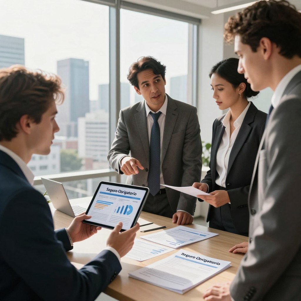 A visually informative scene depicting the concept of "Seguro Obrigatório" in a professional setting. In the foreground, a diverse group of three business professionals in smart business attire engages in discussion, one holding a tablet displaying insurance data, while another points to a digital chart showing insurance statistics. In the middle, a sleek office environment features a large window that allows natural light to flood in, casting warm tones throughout the space. On a desk, documents and brochures about the mandatory insurance are neatly arranged. The background showcases a city skyline through the window, grounding the scene in a dynamic urban context. The atmosphere is focused and collaborative, evoking an air of importance and professionalism regarding insurance matters.
