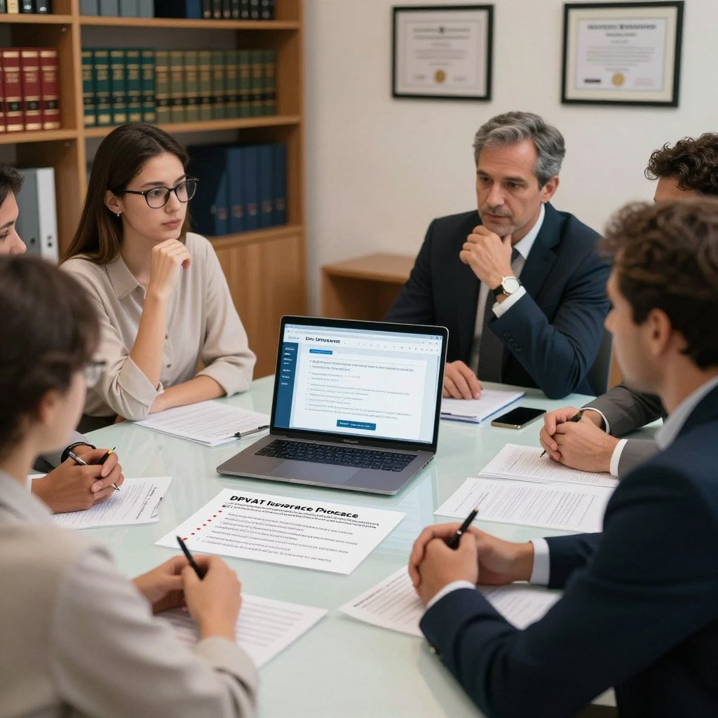 A visually informative scene illustrating frequently asked questions about the DPVAT insurance process. In the foreground, a diverse group of professional individuals, including a woman in a blouse and glasses, and a man in a suit, are engaged in discussion, appearing attentive and focused. In the middle, a large, clear table is filled with documents, a laptop displaying a relevant webpage, and a few index cards with bullet points highlighting key concerns. The background features a softly lit office environment, with shelves containing legal books and framed certificates enhancing the professional atmosphere. The overall mood is collaborative and educational, with warm lighting creating an inviting and informative setting.
