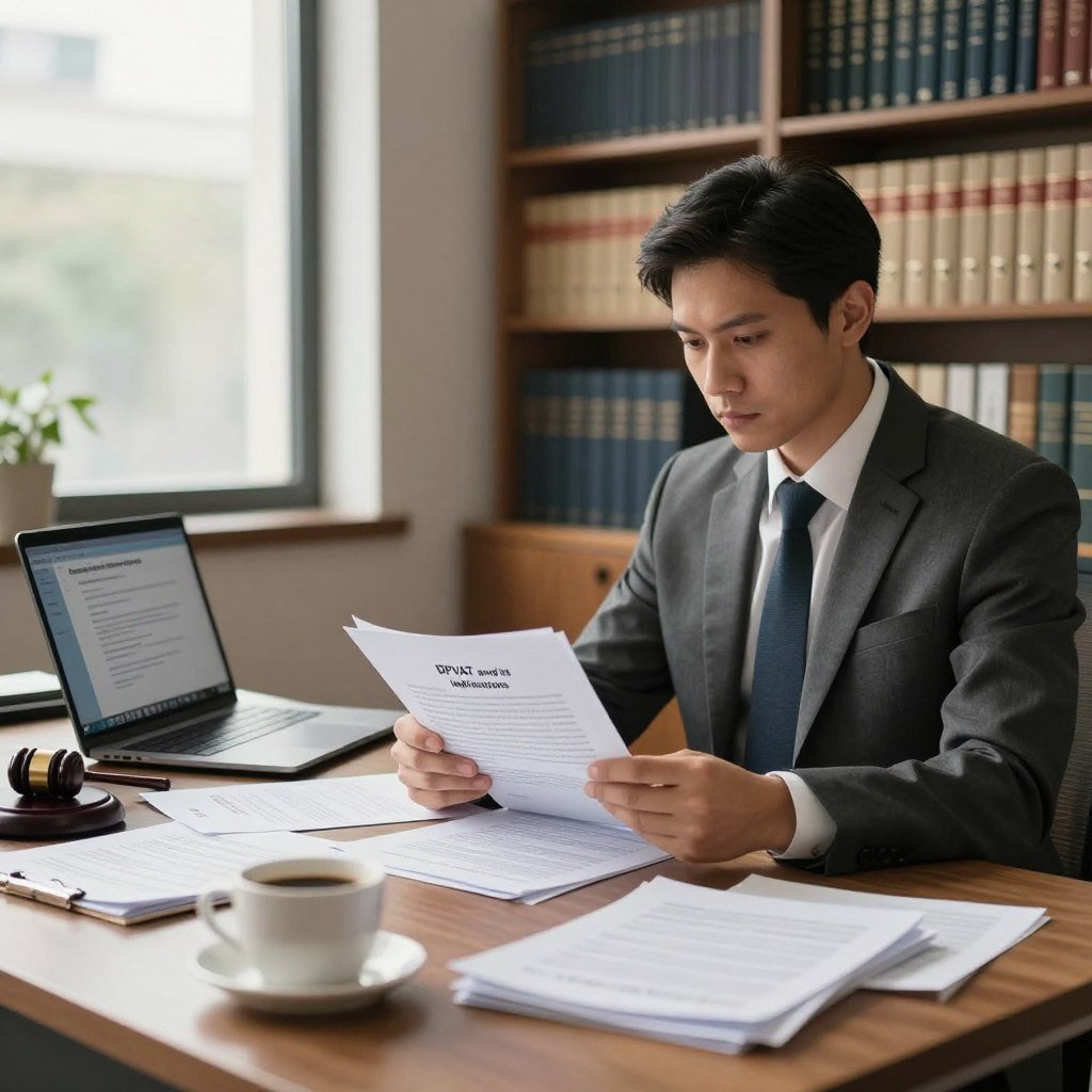 A well-designed office setting showcasing a professional, serious atmosphere, reflecting the theme of "DPVAT and its legal implications." In the foreground, a confident lawyer in a tailored suit reviews legal documents related to DPVAT benefits, with a focused expression. The middle section features a large desk cluttered with case files, a laptop displaying legal software, and a cup of coffee, symbolizing hard work and dedication. The background reveals shelves filled with legal books and certificates, hinting at expertise in law. Soft, natural lighting filters through a large window, casting a warm glow across the scene, evoking a sense of trust and professionalism. The overall mood is one of diligence and responsibility, suitable for a legal discussion. No text or watermarks present.
