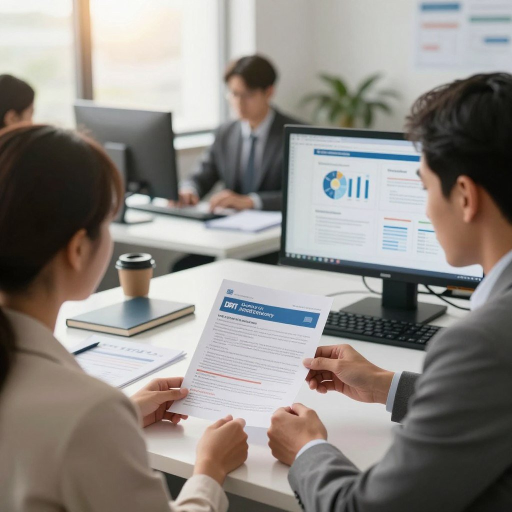 A well-lit office setting as the background, featuring a professional workspace with a desk, a computer, and important documents related to insurance claims. In the foreground, a diverse group of individuals—two adults, one wearing a business suit and the other in smart casual attire—are attentively discussing a pamphlet about how to claim DPVAT indemnity, which is clearly labeled. There are charts and graphs visible on the computer screen, demonstrating information about legal rights and claims processes. The scene captures a focused and informative atmosphere, with warm natural light streaming in through a window, creating a sense of hope and clarity regarding the indemnity process.