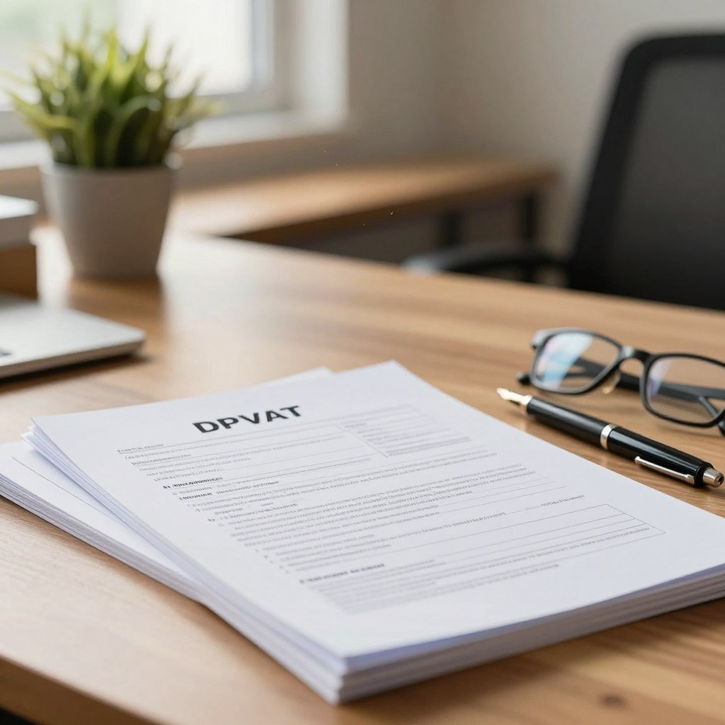A well-organized desk featuring essential documents for DPVAT, including application forms, identification documents, and proof of payment, meticulously arranged. In the foreground, a close-up view of a neatly stacked pile of these papers, with a fountain pen and glasses beside them, suggesting a professional atmosphere. The middle layer shows a softly lit office environment, capturing a wooden desk with a green plant in the background, creating a sense of calm and focus. The background includes warm light filtering through a window, highlighting dust motes in the air, enhancing the mood of diligence and attention to detail. The overall atmosphere is one of professionalism and clarity, inviting the viewer to appreciate the importance of proper documentation.