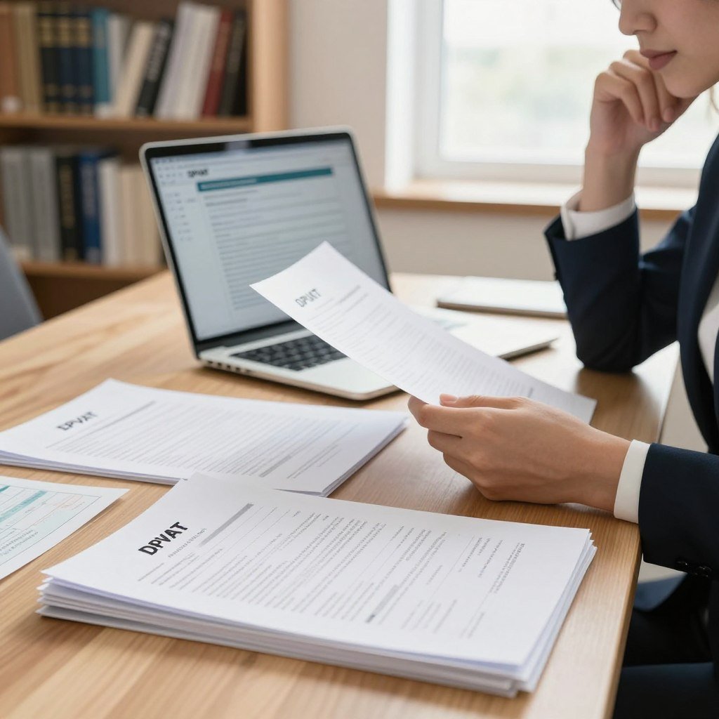 A well-organized desk scene featuring essential documents for DPVAT claims. In the foreground, focus on neatly stacked papers, including forms and identification, all clearly visible and clearly labeled. A professional individual, dressed in business attire, is seated at the desk, reviewing the documents with a thoughtful expression. The middle layer shows a laptop displaying a digital form related to the DPVAT process. In the background, a soft-focus bookshelf filled with legal books and resources, lending an air of professionalism. Bright, natural light streams through a nearby window, creating a warm and inviting atmosphere that emphasizes the importance of proper documentation. The overall mood is serious yet approachable, reflecting the significance of the topic.