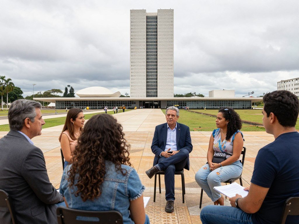 Cidadãos de diferentes posições políticas dialogando em espaço público em Brasília