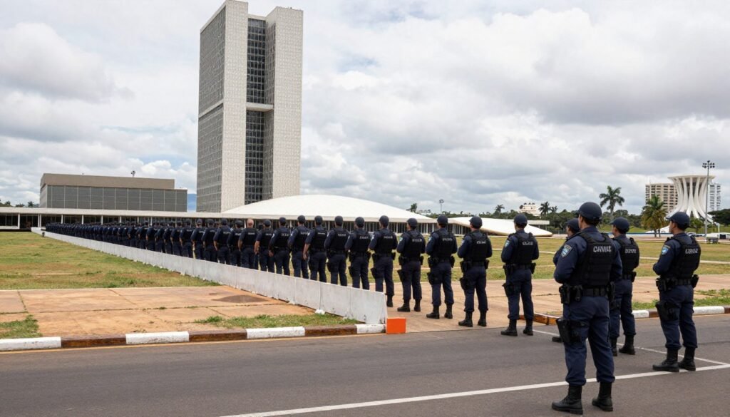 Forças de segurança posicionadas na Esplanada dos Ministérios durante protestos em Brasília