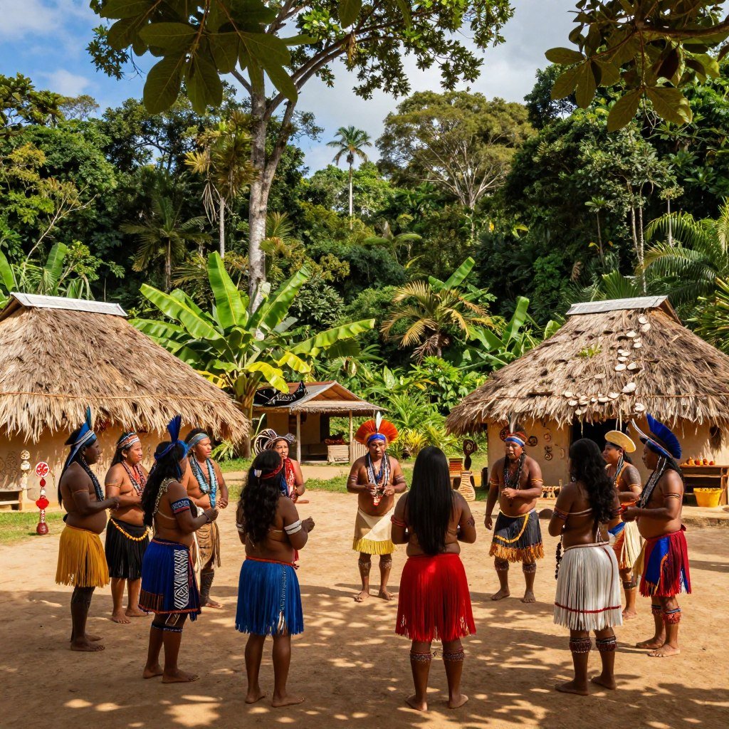 Indigenous culture of Northern Brazil, showcasing a vibrant village scene. In the foreground, a group of Indigenous people dressed in traditional attire, engaged in a lively celebration with tribal patterns and colorful decorations. In the middle ground, thatched-roof huts surrounded by lush greenery, displaying cultural artifacts and handmade crafts. The background features a dense rainforest with towering trees and a clear blue sky. Soft, warm sunlight filters through the leaves, creating dappled shadows and highlighting the vivid colors of the scene. Capture a sense of community, harmony, and cultural richness, evoking a warm, inviting atmosphere that reflects the essence of Indigenous heritage in the region.