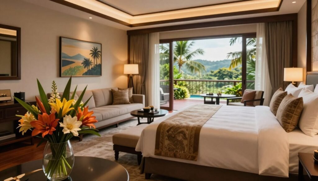 Luxurious hotel accommodations featuring an opulent suite with a king-sized bed adorned with plush, elegant linens. In the foreground, a beautifully arranged vase of exotic flowers adds warmth to the room. The middle ground showcases a spacious area with tasteful art pieces and a cozy seating arrangement by a large window that offers panoramic views of a lush tropical landscape. The background includes soft, ambient lighting that creates a serene atmosphere, accentuated by tasteful decor, such as a chandelier and rich, textured fabrics. The scene is captured using a warm color palette, evoking comfort and sophistication, with a slight depth of field focus to enhance the luxurious feel. Aim for a welcoming and indulgent mood, reflecting the essence of an ideal luxury stay.