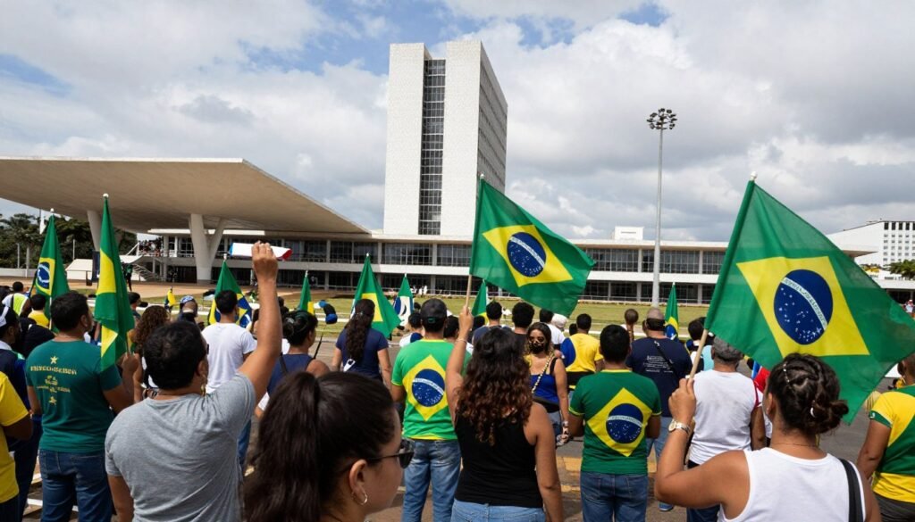Manifestantes com bandeiras do Brasil durante protestos recentes em Brasília