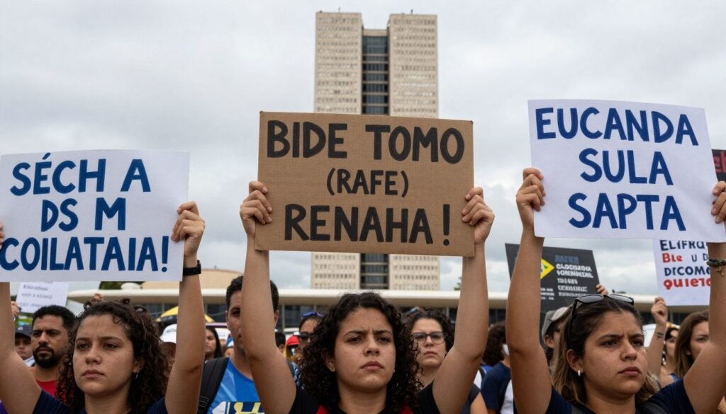 Manifestantes com cartazes de reivindicações durante protestos em Brasília