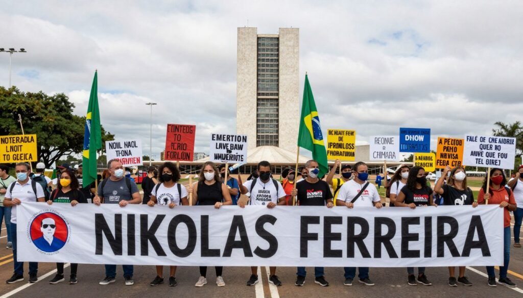 Manifestantes com faixas e cartazes durante o protesto liderado por Nikolas Ferreira em Brasília