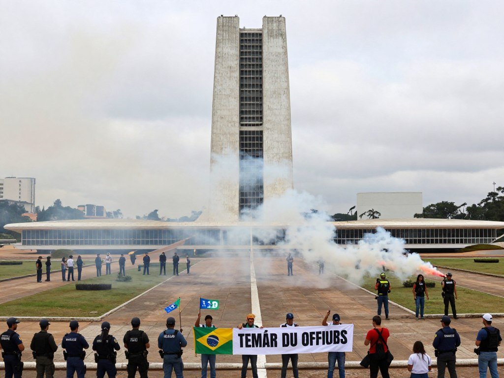 Manifestantes protestando contra reformas do governo Temer na Esplanada dos Ministérios em 2017