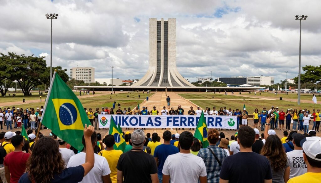 Manifestantes reunidos na Praça do Cruzeiro em Brasília no encerramento do protesto liderado por Nikolas Ferreira
